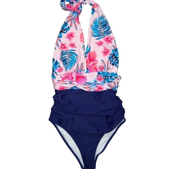 CUPSHE Navy Floral Deep V-neck Halter One-Piece Swimsuit Sexy Backless L… - Picture 6 of 9